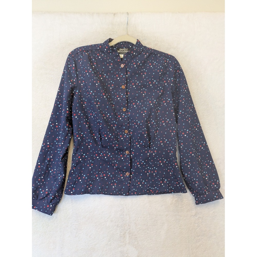 Patty‎ Woodard Blouse Women's S Navy Blue Confetti Polka Dot 70s